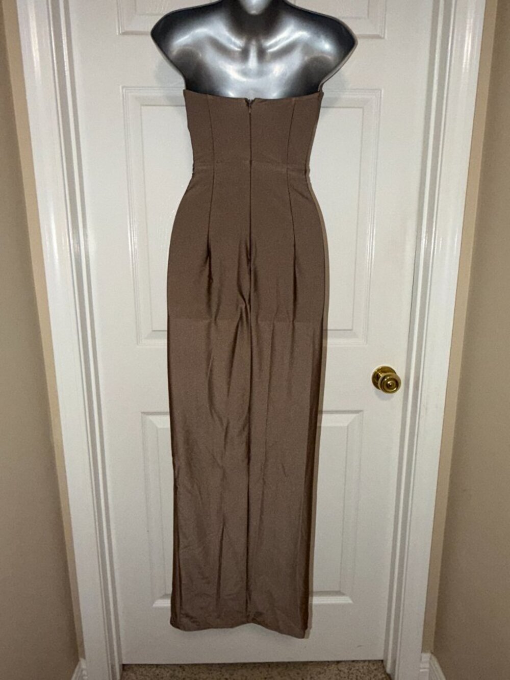 Michael Costello x Revolve Bronze Satin Gown Plunging Neck | High Slit Maxi XXS - Picture 5 of 7
